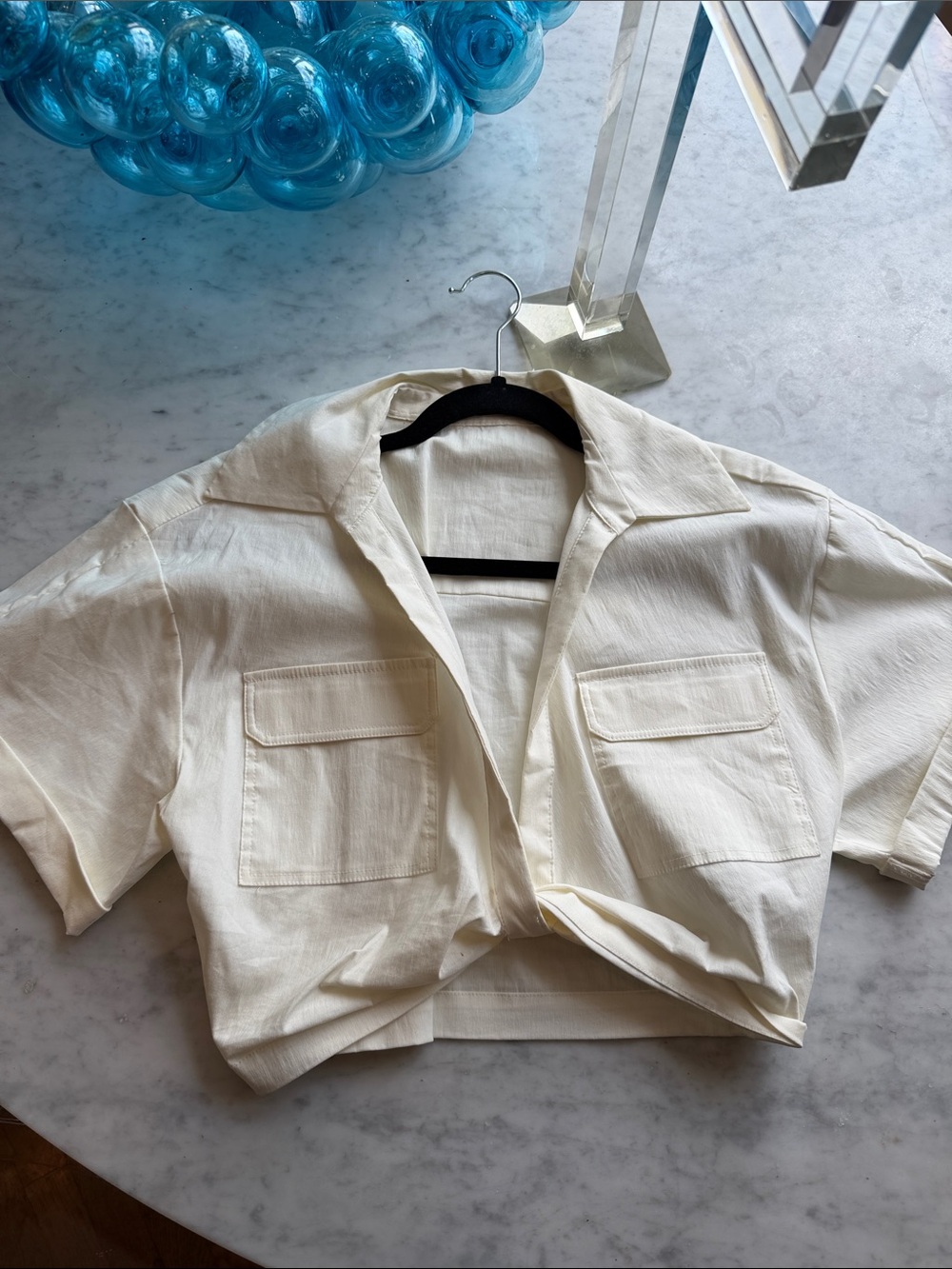 Cropped Cream Button-Up Shirt with Chest Pockets